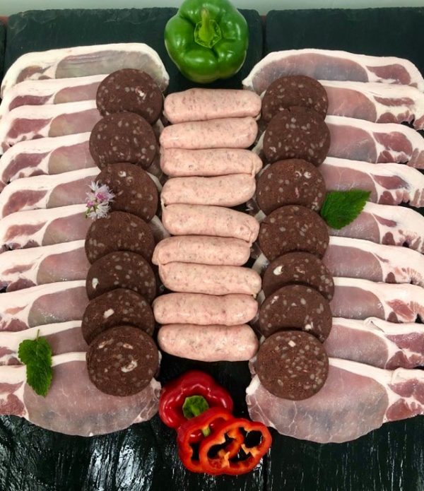 Breakfast pack including bacon, Cumberland sausages, and sliced black pudding