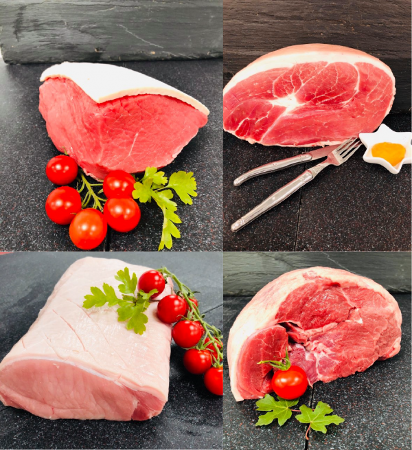 Grouping of four pictures showing beef topside joint, pork loin joint, gammon joint, and boneless leg of lamb